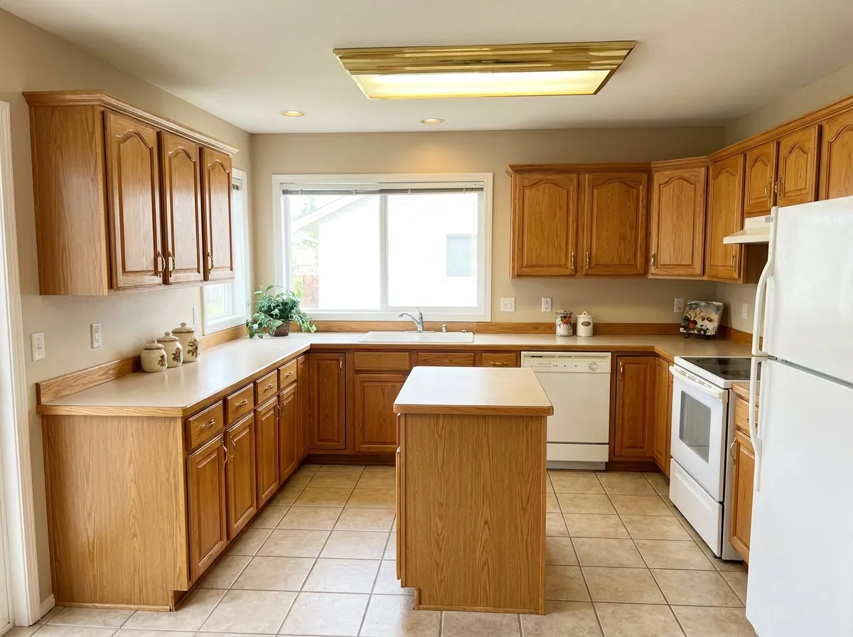 A dated kitchen with oak cabinets and laminate counters