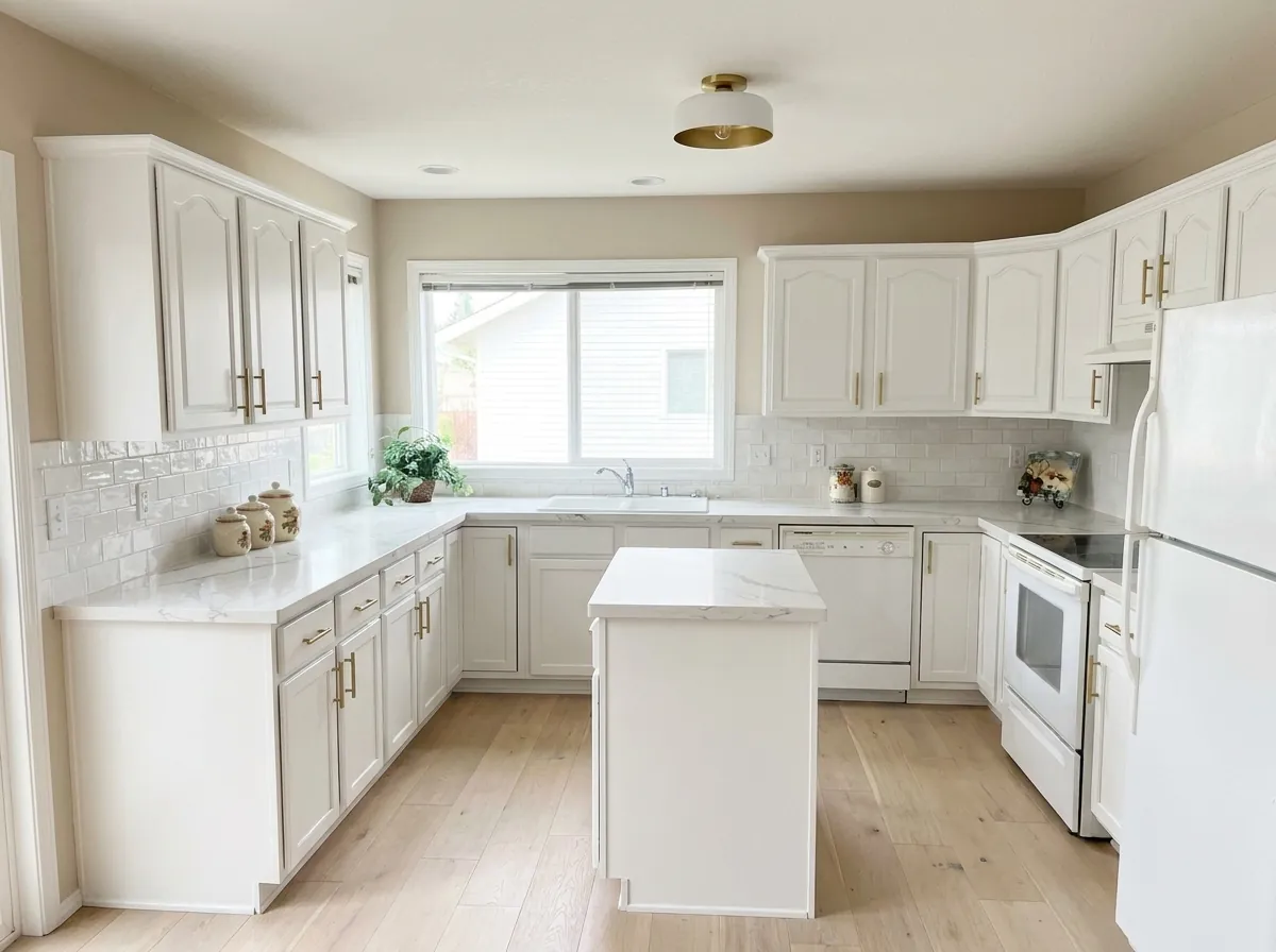 The same kitchen with white cabinets, quartz counters and light oak floors