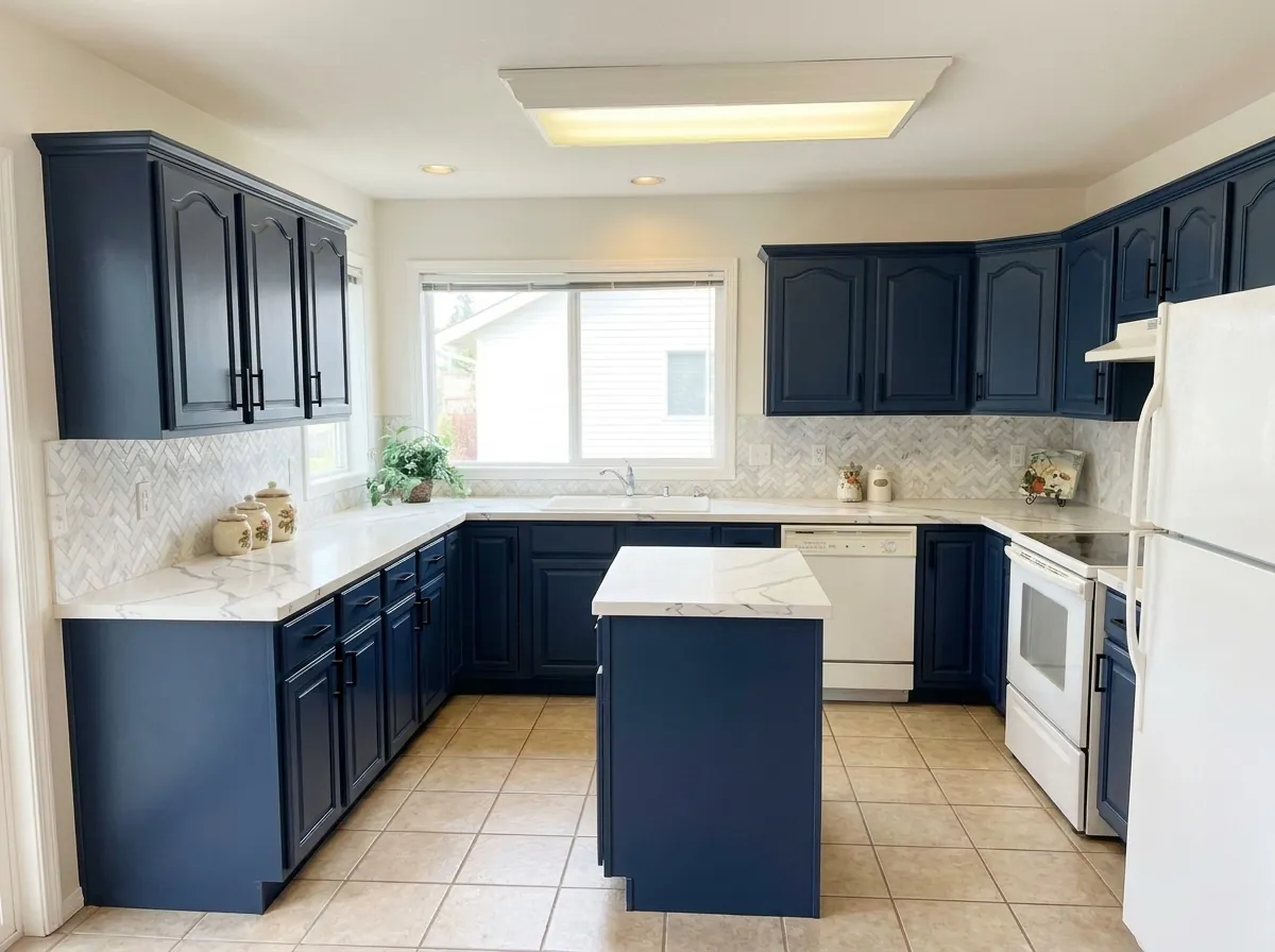 Navy cabinets with marble-look quartz