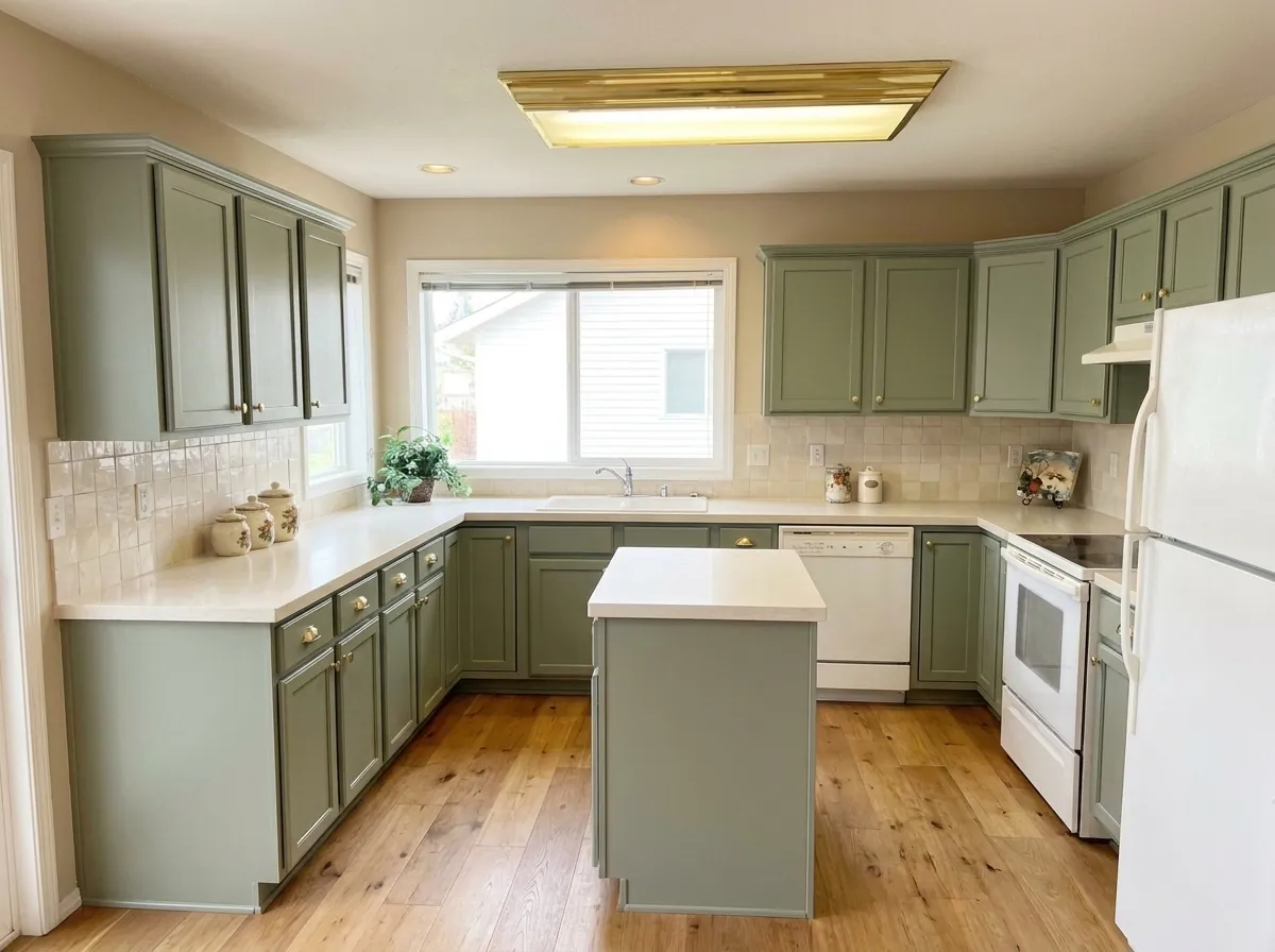 Sage green cabinets with brass hardware